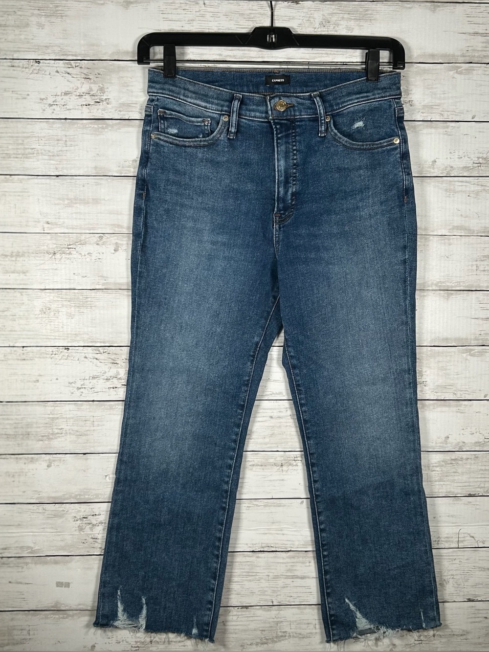 Express High-Rise Medium Blue Denim Jeans Cropped Flare Raw Hem Size 10 NEW